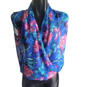 Cappucino Blue and Pink Semi Sheer Floral Sleeveless Wrap Blouse